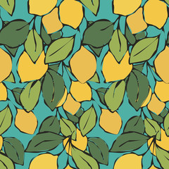Bright citrus Seamless lemon pattern. Branch Fruits background. Leaves and lemons. Fresh fruit vector illustration.