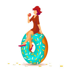 Woman sitting on the huge donut. Donut Shop, Sweet products, Bakery, Confectionery, Dessert, Breakfast concept. Vector illustration for poster, banner, card, commercial, menu. 