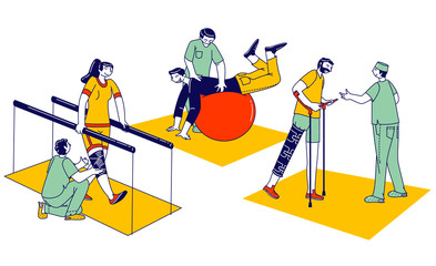 Characters Engaged Adaptive Physical Education, Rehabilitation, Disabled Physiotherapy. Correction or Replacement Lost Physical Abilities Body with Help Therapeutic. Linear People Vector Illustration
