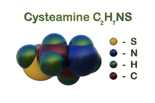 Structural chemical formula and space-filling molecular model of cysteamine. It is the biosynthetic precursor of the neurotransmitter hypotaurine. Scientific background. 3d illustration