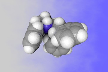 Molecular model of prenylamine. Atoms are represented as spheres with conventional color coding: carbon (grey), nitrogen (blue), hydrogen (white). 3d illustration