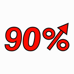 The red figure is 90  percent increase. Price increase icon.  Sales. Profit growth. Increase revolutions. The increase in interest in the bank. Quality improvement. Icon of internet shops. Vector icon