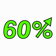 The green figure is 60  percent increase. Price increase icon.  Sales. Profit growth. Increase revolutions. The increase in interest in the bank. Quality improvement. Icon of internet shops. Vector 
