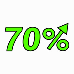The green figure is 70  percent increase. Price increase icon.  Sales. Profit growth. Increase revolutions. The increase in interest in the bank. Quality improvement. Icon of internet shops. Vector 