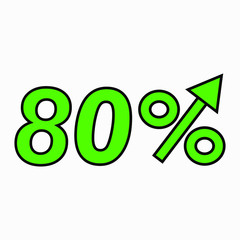 The green figure is 80  percent increase. Price increase icon.  Sales. Profit growth. Increase revolutions. The increase in interest in the bank. Quality improvement. Icon of internet shops. Vector 