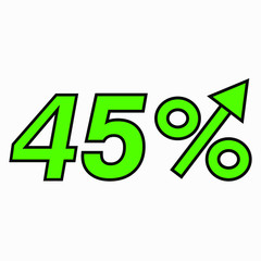 The green figure is 45  percent increase. Price increase icon.  Sales. Profit growth. Increase revolutions. The increase in interest in the bank. Quality improvement. Icon of internet shops. Vector ic