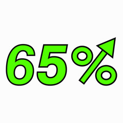 The green figure is 65  percent increase. Price increase icon.  Sales. Profit growth. Increase revolutions. The increase in interest in the bank. Quality improvement. Icon of internet shops. Vector ic