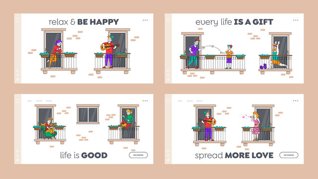 Stay Home Quarantine Isolation Landing Page Template Set. People Characters on Balconies during Coronavirus Pandemic. Neighbors in Apartments Exercising, Play Guitar, Relax. Linear Vector Illustration