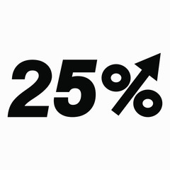 The  black figure is 25  percent increase. Price increase icon.  Sales. Increase revolutions. The increase in interest in the bank. Quality improvement. Icon of internet shops. Vector icon.
