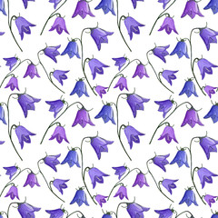 seamless pattern with bellflowers campanula flowers on white background. floral background, hand drawing in gouache. holidays presents and gifts wrapping paper For textiles,packaging,fabric,wallpaper
