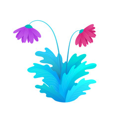 Obraz premium Beautiful flower icon. Violet and red tulips with leaves isolated on white background. Colorful spring flower vector illustration in cartoon style. Blossom botany and gardening symbol.