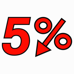The 5 percent reduction icon is red.  Price drop. Interest rate reduction.  Stock symbol. Discount. Markdown of goods. Bonus discount. Vector icon.