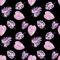 Original seamless tropical pattern with lilac plants and leaves on black background. Seamless pattern with colorful leaves of colocasia, filodendron, monstera. Exotic wallpaper. Hawaiian style © Olena