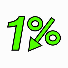 The 1  percent drop green icon. Price drop. Interest rate reduction.  Stock symbol. Discount. Markdown of goods. Bonus discount. Vector icon.