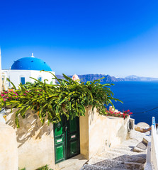 Blue dome of an orthodox church with cactus and green wood door, view of the caldera, aegean sea, Oia, Santorini island, Cyclades, Greece