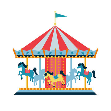 Carousel with horses or merry-go-round for children, amusement park, circus.  Flat style illustration isolated on white background. RGB