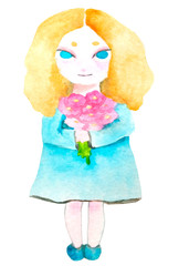 Girl with ohre hair in blue dress and purple flowers