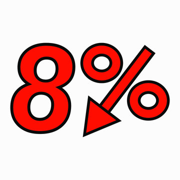 The 8 percent reduction icon is red.  Price drop. Interest rate reduction. Stock symbol. Discount. Markdown of goods. Bonus discount. Vector icon.