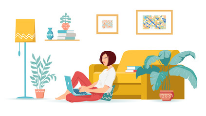 A young woman is sitting on a sofa and working from home with a laptop. Cozy modern living room with a sofa, houseplants, lamp, paintings. Woman indoors at remote work. Flat illustration RGB