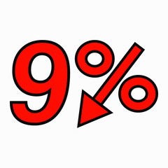 The 9 percent reduction icon is red.  Price drop. Interest rate reduction.  Stock symbol. Discount. Markdown of goods. Bonus discount. Vector icon.