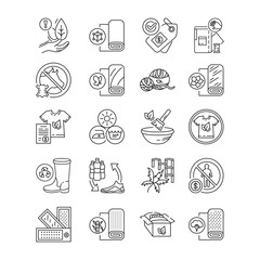Eco textile black line icons set. Clothing and other accessories that are designed to use organic. Pictogram for web page, mobile app, promo. UI UX GUI design element.
