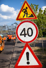 Road work, speed limit and other dangers signs.