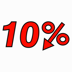 The 10 percent reduction icon is red. Price drop. Interest rate reduction.  Stock symbol. Discount. Markdown of goods. Bonus discount. Vector icon.