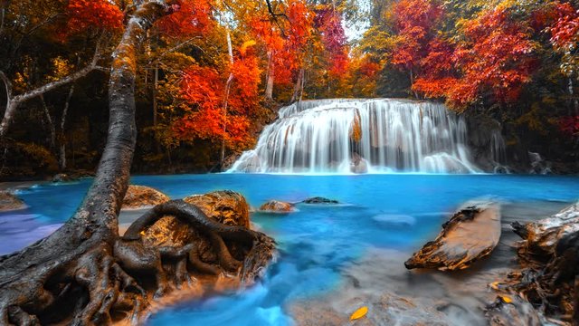 4K.Time lapse Beautiful waterfall erawan Waterfall waterfall in kanchanaburi province Thailand