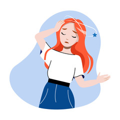 Concept Of Coronavirus, Flu Virus Infection Prevention And Healthcare. Woman Has Got Dizzy. Character Has Virus Symptoms. Girl Holds Head, Feels Bad, Has Dizziness. Cartoon Flat Vector Illustration