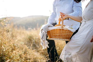 Mature couple in mountains with picnic and wine