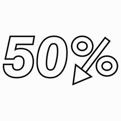 50 percent drop dark icon on a white background.  Price drop. Interest rate reduction. Sell-out. Stock symbol. Discount. Markdown of goods. Bonus discount. Vector icon.