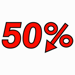 The 50 percent reduction icon is red. Price drop. Interest rate reduction. Sell-out. Stock symbol. Discount. Markdown of goods. Bonus discount. Vector icon.