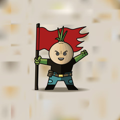 brave onion revolutionary with a red flag. Vector illustration