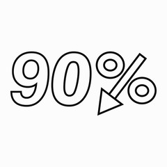 90 percent drop dark icon on a white background.  Price drop. Interest rate reduction. Sell-out. Stock symbol. Discount. Markdown of goods. Bonus discount. Vector icon.