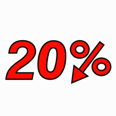 The 20 percent reduction icon is red.  Price drop. Interest rate reduction. Sell-out. Stock symbol. Discount. Markdown of goods. Bonus discount. Vector icon.