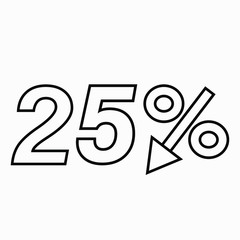 25 percent drop dark icon on a white background.  Price drop. Interest rate reduction. Sell-out. Stock symbol. Discount. Markdown of goods. Bonus discount. Vector icon.