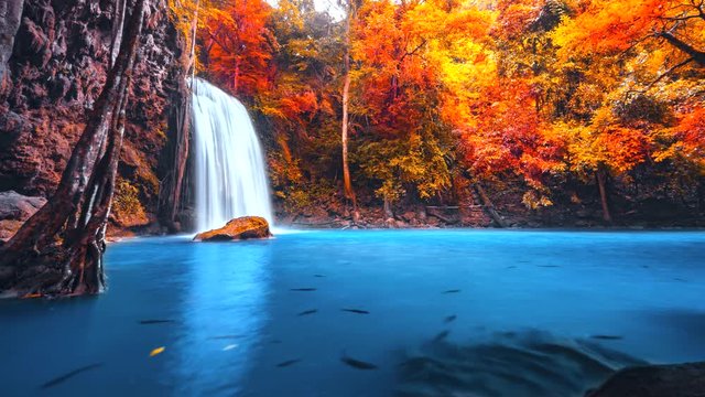 4K.Time lapse Beautiful waterfall erawan Waterfall waterfall in kanchanaburi province Thailand