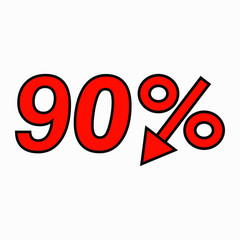 The 90 percent reduction icon is red.  Price drop. Interest rate reduction. Stock symbol. Discount. Markdown of goods. Bonus discount. Vector icon.
