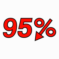 The 95 percent reduction icon is red. Price drop. Interest rate reduction. Sell-out. Stock symbol. Discount. Markdown of goods. Bonus discount. Vector icon.