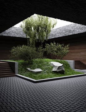 Japanese-style Indoor Garden With Overhead Lighting