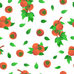 Ripe orange persimmons seamless pattern. Single fruit, fresh persimmons with green leaves and tree branch elements isolated on white background. Tropical fruits vector wallpaper in flat style.