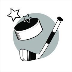 Isolated hockey stick. puck and stars. Vector illustration for print, icon, composition element, banner, poster, poster, etc.