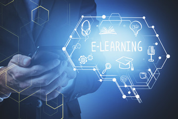 Man with phone, online education brain