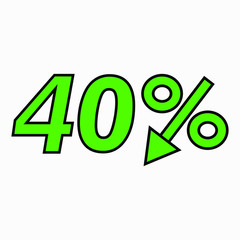 The 40 percent drop green icon. Price drop. Interest rate reduction. Sell-out. Stock symbol. Discount. Markdown of goods. Bonus discount. Vector icon.