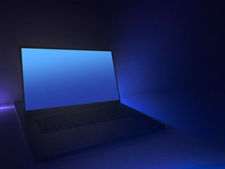 Dark neon background. A laptop on a table with neon lights. Abstract neon background. Night view. Computer techologies.