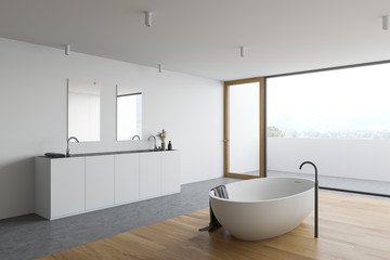 Panoramic white bathroom corner with balcony