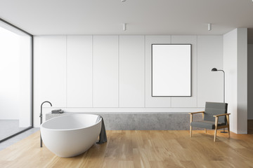 Fototapeta na wymiar Panoramic white bathroom, tub, balcony and poster