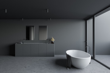 Panoramic gray bathroom interior, tub and sink