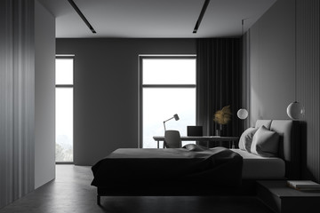 Grey bedroom with home office, side view