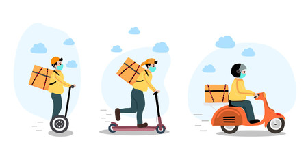 Online delivery contactless service to home,office by bike,motorcycle,scooter. delivery man is waring mark to prevent coronavirus